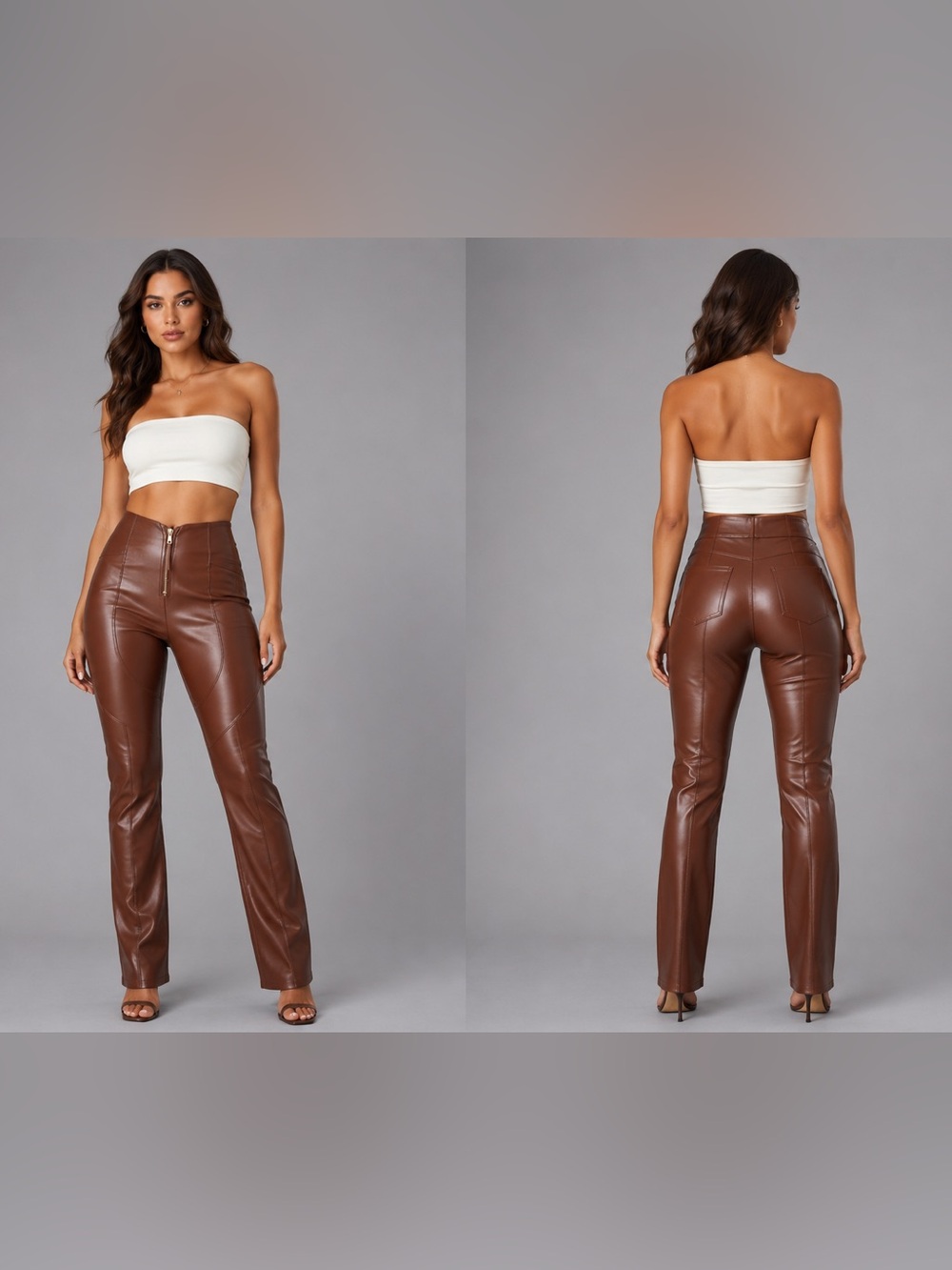High-Rise Faux Leather Straight Leg Pants - Brown